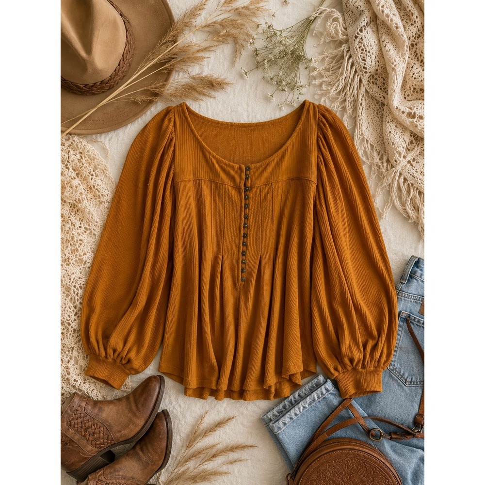 Free People We The Free Mustard Thermal Top XS‎ Boho Waffle Knit Balloon Sleeve